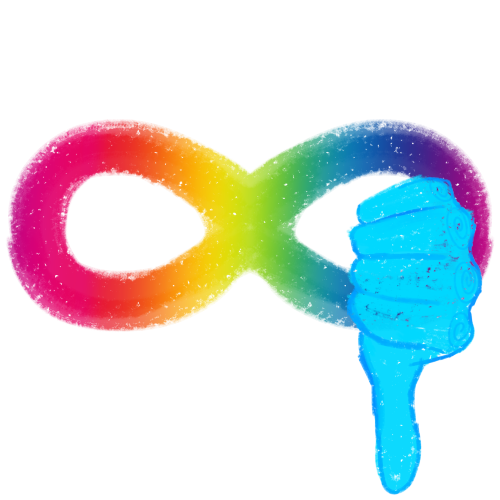  a rainbow infinity symbol with a blue thumbs down next to it.
